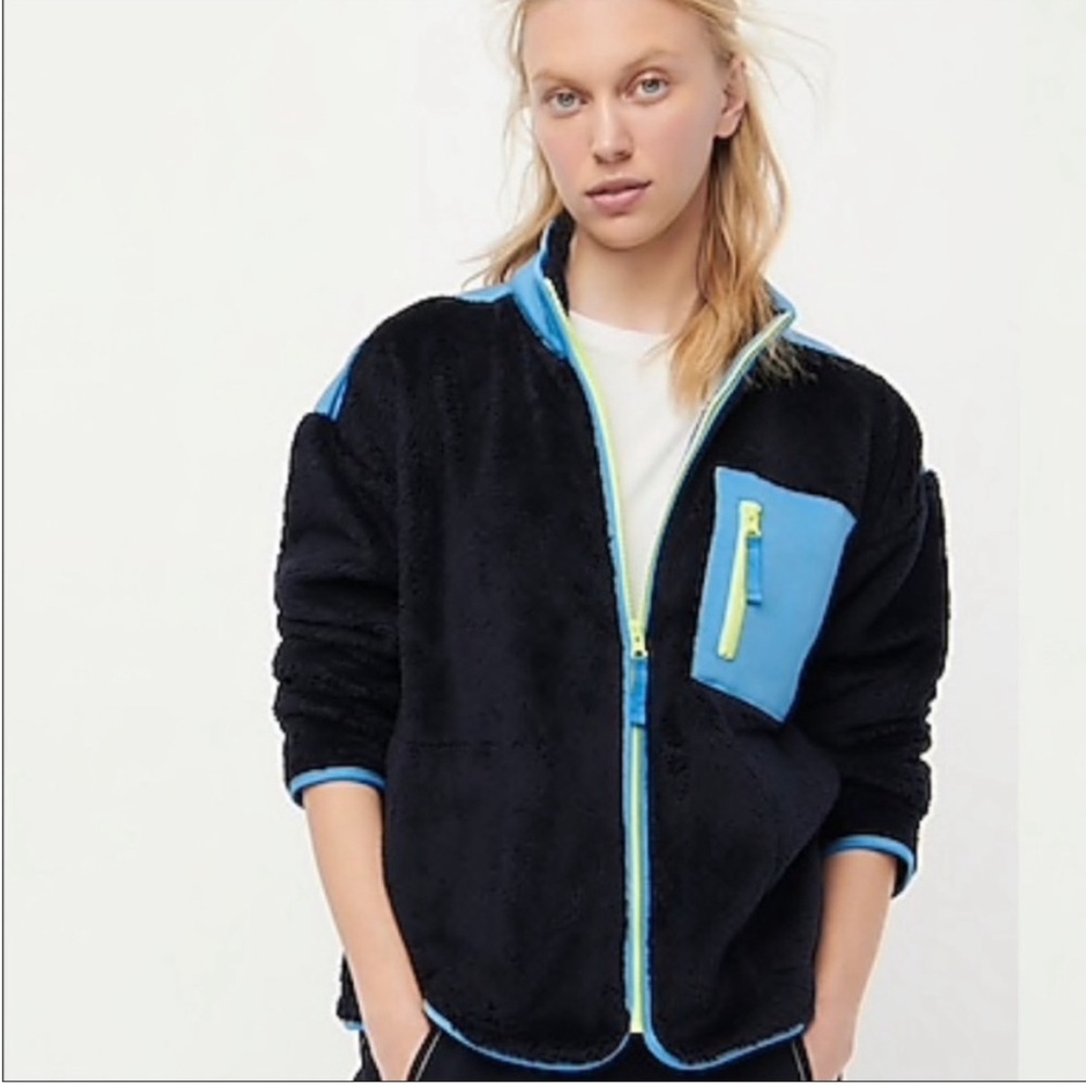 J. Crew Superplush sherpa full-zip jacket Size S color block Navy Blue Green